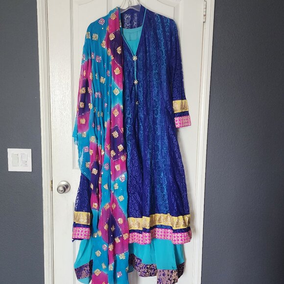 Blue & Teal Anarkali Dress with Multicolor Dupatta – Size M/L - Picture 1 of 6